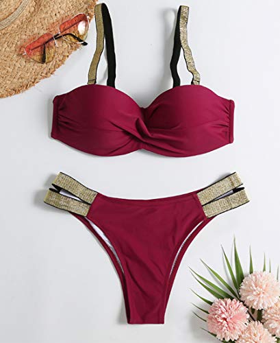 JFAN Traje de Baño de Mujer Cinturón Dorado Acolchado Bra Tops de Bikini Conjunto de Bikini de Color Liso Push Up Swimwear Dos Piezas Trajes de Baño Divididos(Vino Rosso,XL)