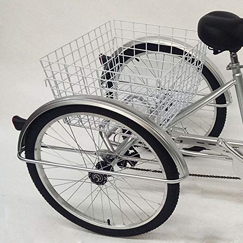 Jintaihua Nuevo 24"6 velocidades 3 Ruedas Triciclo para Adultos Bicicleta Deportes al Aire Libre Ciudad Bicicleta Urbana Cesta Respaldo Plata + Lámpara