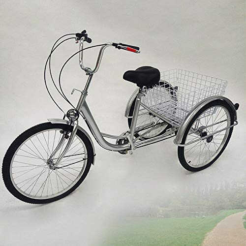 Jintaihua Nuevo 24"6 velocidades 3 Ruedas Triciclo para Adultos Bicicleta Deportes al Aire Libre Ciudad Bicicleta Urbana Cesta Respaldo Plata + Lámpara