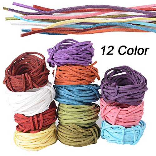 JNCH 12pcs (3mm x 5m) Cuerdas Cuero Cordón de Ante Plano Cuerda de Gamuza Cordon de Antelina para Pulsera Collar Colgante Manualidad Bisutería Lllavero Fabricación de Abalorio Artesanía, 12 Colores