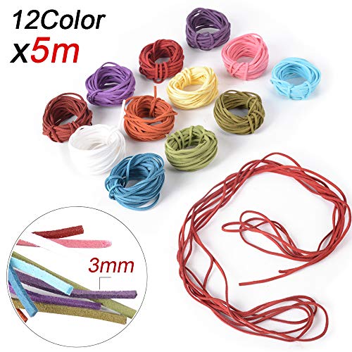 JNCH 12pcs (3mm x 5m) Cuerdas Cuero Cordón de Ante Plano Cuerda de Gamuza Cordon de Antelina para Pulsera Collar Colgante Manualidad Bisutería Lllavero Fabricación de Abalorio Artesanía, 12 Colores