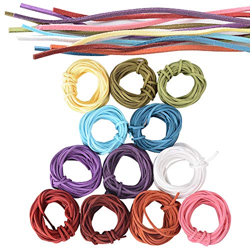 JNCH 12pcs (3mm x 5m) Cuerdas Cuero Cordón de Ante Plano Cuerda de Gamuza Cordon de Antelina para Pulsera Collar Colgante Manualidad Bisutería Lllavero Fabricación de Abalorio Artesanía, 12 Colores