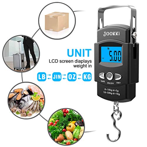 JOOKKI portátil báscula de báscula de pesca báscula de pantalla LCD retroiluminada equipaje de capacidad de 50 kg con cinta métrica/Compras/Express, negro, libre una bolsa impermeable