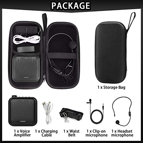 Joyhoop amplificador de voz portátil de 12 W, mini multifunción de 1200 mAh, con 2 micrófonos y bolsa de almacenamiento, utilizado para la formación de profesores(Negro)