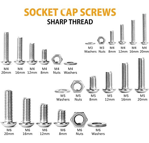 Juego de 520pcs Tornillos y Tuercas Cozywind Tornillos de Cabeza Alomada con Hexágono Interior M3, M4, M5, M6, de Acero Inoxidable 304 Rosca Completa con Tuercas y Arandelas con Caja de Almacenamiento