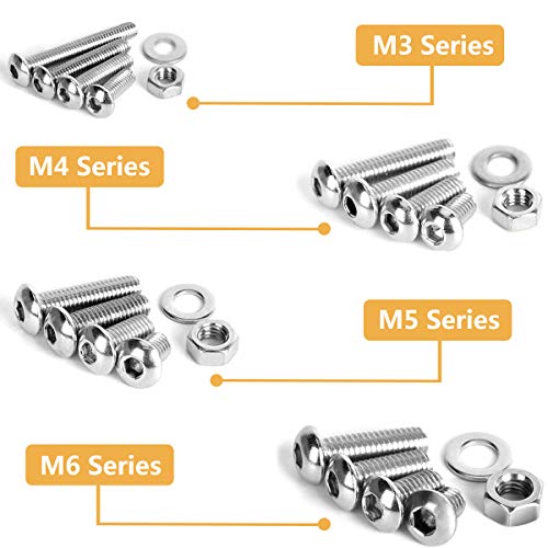 Juego de 520pcs Tornillos y Tuercas Cozywind Tornillos de Cabeza Alomada con Hexágono Interior M3, M4, M5, M6, de Acero Inoxidable 304 Rosca Completa con Tuercas y Arandelas con Caja de Almacenamiento