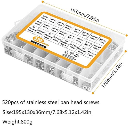 Juego de 520pcs Tornillos y Tuercas Cozywind Tornillos de Cabeza Alomada con Hexágono Interior M3, M4, M5, M6, de Acero Inoxidable 304 Rosca Completa con Tuercas y Arandelas con Caja de Almacenamiento