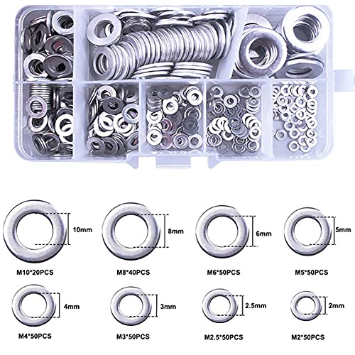 Juego de Arandelas Planas 360 piezas Arandelas Metal Arandela Plana para Hogar, Automotriz Caja de Plástico Transparente - 8 Tamaños Diferentes(M2 M2.5 M3 M4 M5 M6 M8 M10)