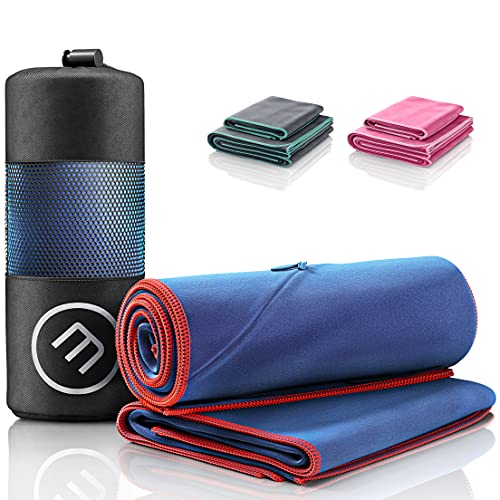 Juego de Toallas de Microfibra + Funda de Transporte | Set de 2 Azules: Grande para baño, pequeño para Cuerpo y Cara | Ultra-Ligeras, absorbentes, de Secado rápido - Deporte Viaje Playa Gimnasio