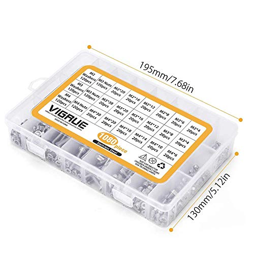 Juego de Tornillos y Tuercas, M2 M3 M4 Cabeza de Botón de Acero Inoxidable Head Hex Cabeza de Casquillo Tornillos con Tuercas Kit de Rosca Metrica con Caja de Almacenamiento (1080 Piezas)