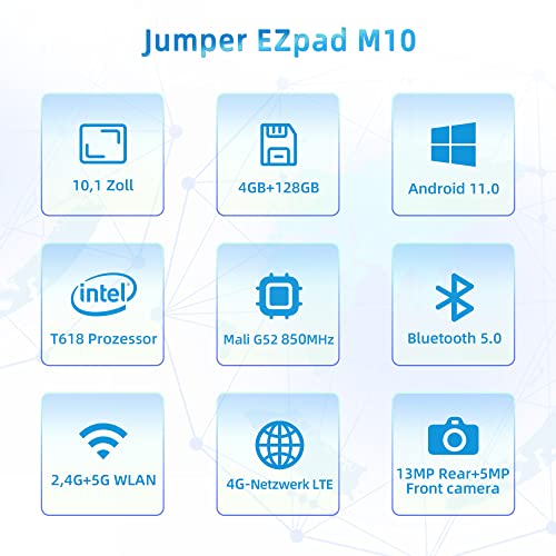 Jumper M10 Tableta 10.1 pulgadas, Android 11, 4+128GB, Ocho núcleos 2.0GHz, 5+13MP Dobles Cámaras, Dobles SIM+TF/SD, Bluetooth 5.0, 2.4G/5G doble banda WiFi, 4G LTE, tipo C, GPS, 1920*1200 FHD Display