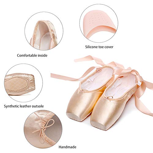 JUODVMP Zapatos de Danza de Punta Suave Zapatillas de Ballet con Puntera de Gel de Silicona y Cintas para Mujeres y Niñas,Modelo TJ-ZJBL,Rosado,32EU