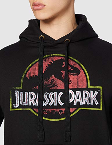 Jurassic Park Capucha con Logotipo Envejecido Sudadera, Negro (Black Blk), S para Hombre