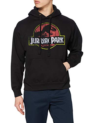 Jurassic Park Capucha con Logotipo Envejecido Sudadera, Negro (Black Blk), S para Hombre