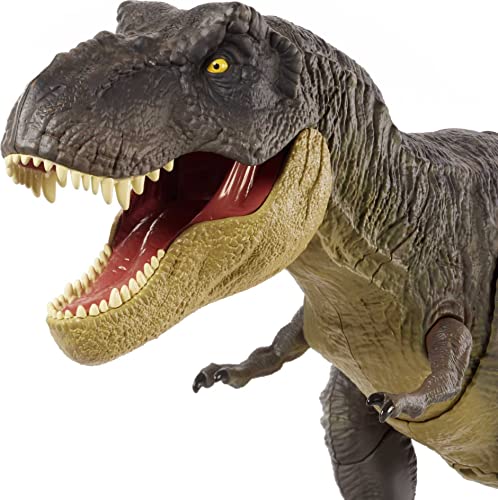 Jurassic World Dinosaurio T-Rex Pisa y Ataca Figura de juguete articulada con sonidos, para niños Mattel GYW84