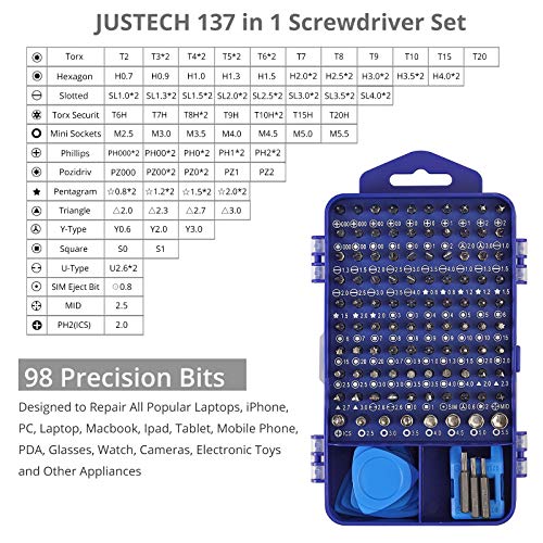 Justech 137 en 1 Juego de Destornilladores Magnéticos Portátil con 98 Bits Herramienta de Reparación de Driver de Precisión para Laptops, PC, Smartphones, Relojes y Otros Dispositivos
