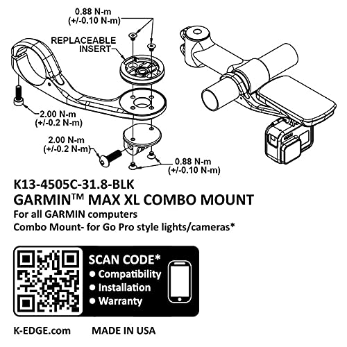 K-EDGE Garmin MAX XL Combo Mount, 31.8mm, Anodize Repuestos, Adultos Unisex, Black (Negro), Talla Única