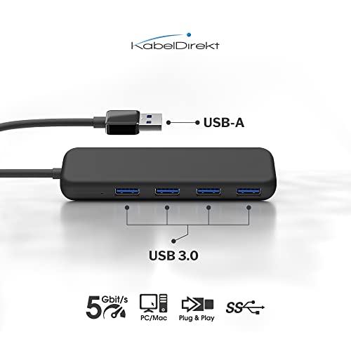 KabelDirekt – Concentrador USB 3.0 de 4 Puertos (diseño Fino, Plug & Play en PC/Notebook/Mac, 4 enchufes USB-A/1 Enchufe USB-A, para más Conexiones USB, SuperSpeed/5Gbit/s, Negro)