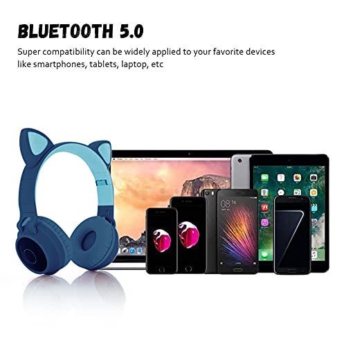 Kaishengyuan Auriculares con Orejas de Gato, con Luces LED, Ranura para Tarjeta SD, Radio FM, Conector de Audio de 3,5 mm, Plegables para Niños,Niñas y Adultos (Azul)