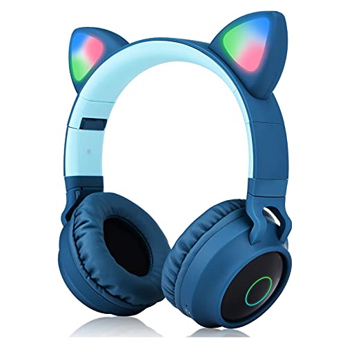 Kaishengyuan Auriculares con Orejas de Gato, con Luces LED, Ranura para Tarjeta SD, Radio FM, Conector de Audio de 3,5 mm, Plegables para Niños,Niñas y Adultos (Azul)