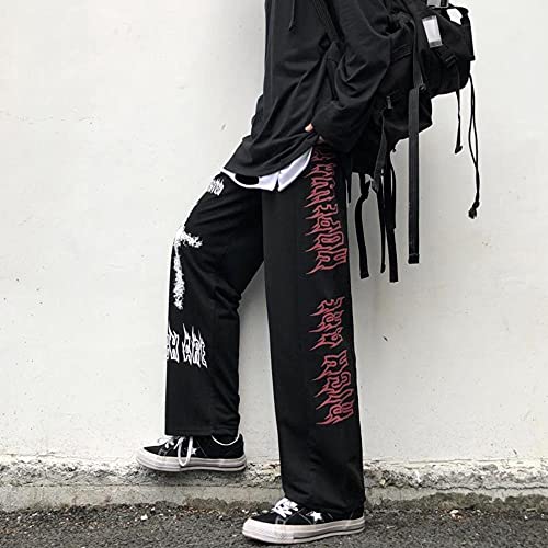 KAL'ANWEI Harajuku Retro Pantalones Pantalones Thorns Impreso Cintura Elástica Pantalones De Pierna Ancha Sueltos Moda Streetwear Grunge Dark Casual Pantalones Unisex-Negro_SG