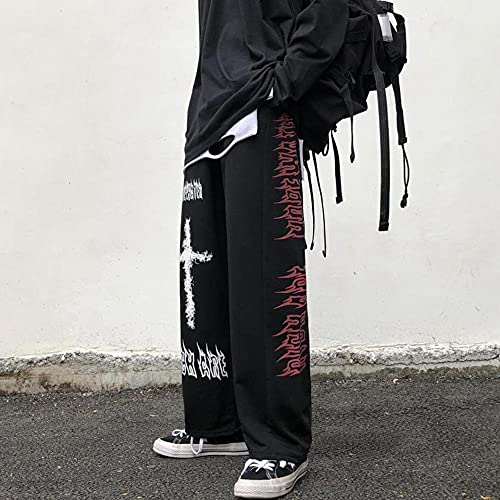 KAL'ANWEI Harajuku Retro Pantalones Pantalones Thorns Impreso Cintura Elástica Pantalones De Pierna Ancha Sueltos Moda Streetwear Grunge Dark Casual Pantalones Unisex-Negro_SG