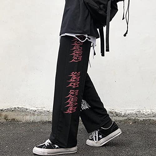 KAL'ANWEI Harajuku Retro Pantalones Pantalones Thorns Impreso Cintura Elástica Pantalones De Pierna Ancha Sueltos Moda Streetwear Grunge Dark Casual Pantalones Unisex-Negro_SG