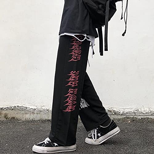 KAL'ANWEI Harajuku Retro Pantalones Pantalones Thorns Impreso Cintura Elástica Pantalones De Pierna Ancha Sueltos Moda Streetwear Grunge Dark Casual Pantalones Unisex-Negro_SG