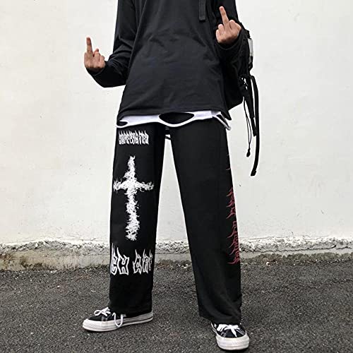 KAL'ANWEI Harajuku Retro Pantalones Pantalones Thorns Impreso Cintura Elástica Pantalones De Pierna Ancha Sueltos Moda Streetwear Grunge Dark Casual Pantalones Unisex-Negro_SG