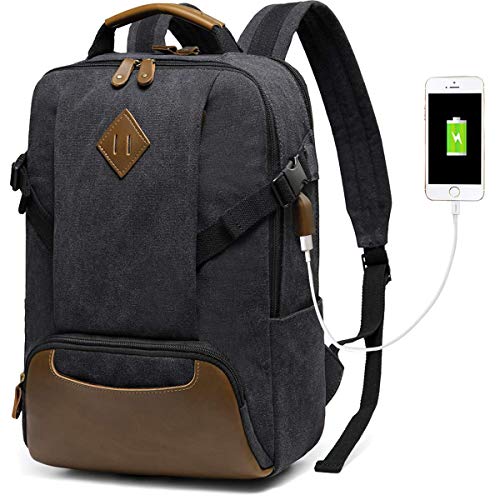 Kasgo Mochila Hombre Mujer, Impermeable Vintage Lona Mochilas Escolares Juveniles Mochila Portatil 15.6 Pulgadas con Puerto USB para Universidad/Negocios/Viajes/Trabajo Negro