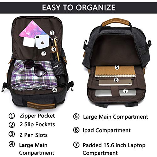 Kasgo Mochila Hombre Mujer, Impermeable Vintage Lona Mochilas Escolares Juveniles Mochila Portatil 15.6 Pulgadas con Puerto USB para Universidad/Negocios/Viajes/Trabajo Negro