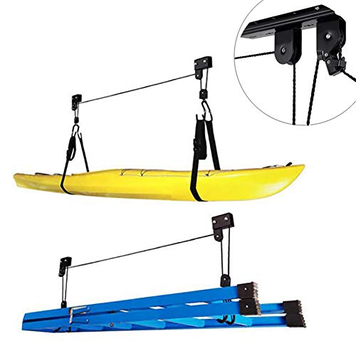 Kayak De Elevación Ascensor Almacenamiento Garaje Canoa Aparatos Elevadores 110 LB Capacidad - Techo Interior Colgando Polea Estante Tarjeta Paleta, Snowboard, Tabla Surf, Wake Board, Bicicletas