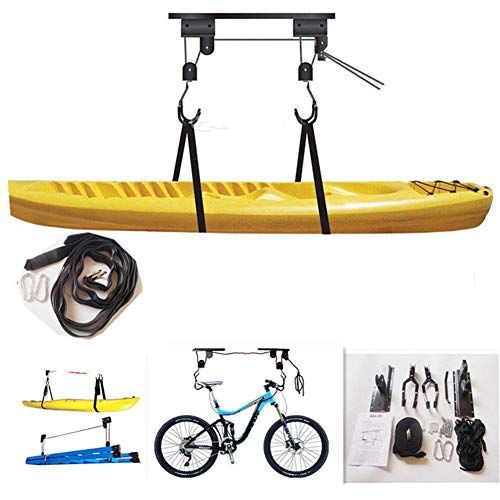 Kayak De Elevación Ascensor Almacenamiento Garaje Canoa Aparatos Elevadores 110 LB Capacidad - Techo Interior Colgando Polea Estante Tarjeta Paleta, Snowboard, Tabla Surf, Wake Board, Bicicletas