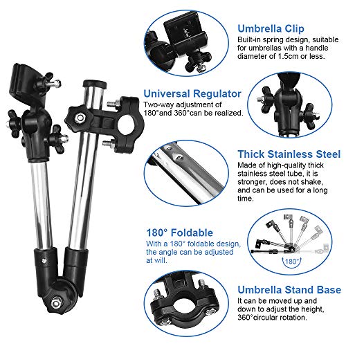 KBNIAN Soporte de Paraguas, Soporte Paraguas Andador Soporte Universal Paraguas Ajustable para Bicicleta/Carrito de Bebé/Silla de Ruedas/Silla de Paseo/Carro de Golf (Negro y Plata)