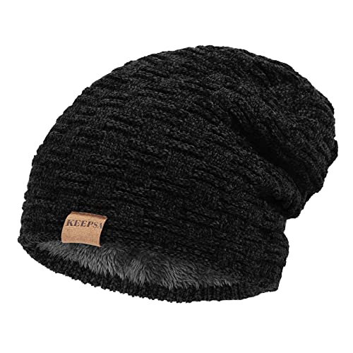 KeepSa Hombres Invierno Beanie Gorro de Punto Cálido Slouch Suave Transpirable Knit Hat Caliente Largo Sombreros al Aire Libre con Forro Polar Interior Extrasuave