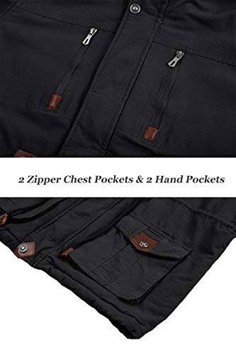 KEFITEVD Chaquetas de invierno para hombre, forro polar Windbeaker a prueba de viento con capucha Bomber Cargo Chaqueta Militar Abrigos con múltiples bolsillos, Negro, M