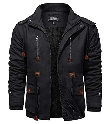 KEFITEVD Chaquetas de invierno para hombre, forro polar Windbeaker a prueba de viento con capucha Bomber Cargo Chaqueta Militar Abrigos con múltiples bolsillos, Negro, M