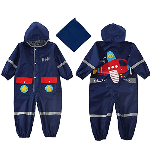 Keyck Chubasquero Impermeable Niño Niña Mono De Bolsillo Lluvia Reflectante Transpirable Encapuchado Reutilizable Chaqueta Lluvia Capucha Dibujos Avión Animados 4-6 años (Azul Marino)