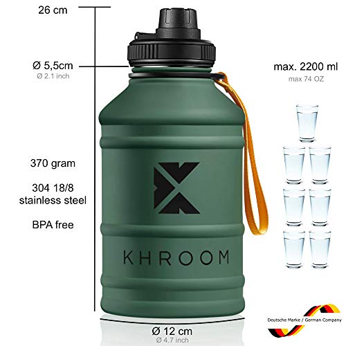 Khroom® Botella de Agua XXL de 2.2 litros de Acero Inoxidable | Adecuado Ácido Carbónico | Libre de BPA | Botella de Fitness de 2L para deportes, gimnasia y ocio (Verde)