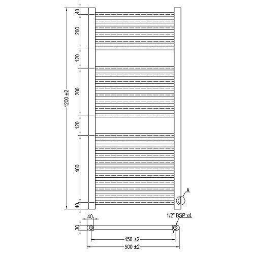 Kibath L408503 Toallero Secatoallas radiador para integrar en Circuito de Agua Caliente, Tubos de Acero con Acabado Cromado 1200x500. Válido para Red de calefacción estandar, Cromo Brillo