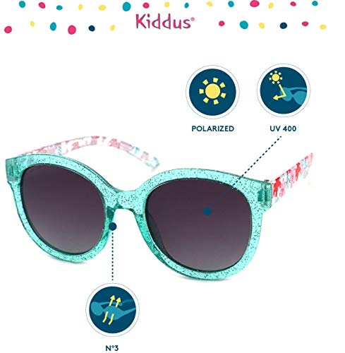 Kiddus Gafas de Sol para niña, chica, adolescente. UV400 Protección 100% contra rayos ultravioleta. A partir de 6 años. Con estilo. Diseño a la moda. FABULOUS (POLARIZADA, Turquesa Flores)