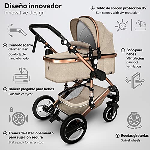 KIDUKU® Carrito de Bebé 3 en 1 | Silla de Paseo para Niños | Carricoche de 3 Piezas | Capazo, Cambiador, Cubrepiés | Sillita Coche Ligera Infantil (Beige/Cobre dorado)