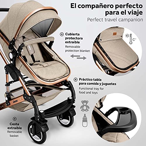 KIDUKU® Carrito de Bebé 3 en 1 | Silla de Paseo para Niños | Carricoche de 3 Piezas | Capazo, Cambiador, Cubrepiés | Sillita Coche Ligera Infantil (Beige/Cobre dorado)