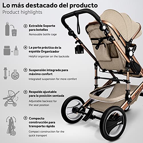 KIDUKU® Carrito de Bebé 3 en 1 | Silla de Paseo para Niños | Carricoche de 3 Piezas | Capazo, Cambiador, Cubrepiés | Sillita Coche Ligera Infantil (Beige/Cobre dorado)