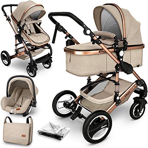 KIDUKU® Carrito de Bebé 3 en 1 | Silla de Paseo para Niños | Carricoche de 3 Piezas | Capazo, Cambiador, Cubrepiés | Sillita Coche Ligera Infantil (Beige/Cobre dorado)