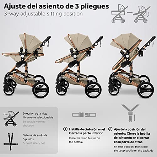 KIDUKU® Carrito de Bebé 3 en 1 | Silla de Paseo para Niños | Carricoche de 3 Piezas | Capazo, Cambiador, Cubrepiés | Sillita Coche Ligera Infantil (Beige/Cobre dorado)