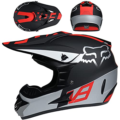 KILCVEM Casco Moto Niño, Cascos de Motocross de Moto,Enduro,Descenso,Full Face para Hombre, Casco de Carreras ECE Homologado,Casco Infantil Set (4 Piezas) - con Diseño Fox - Plata Mate Negro,XL