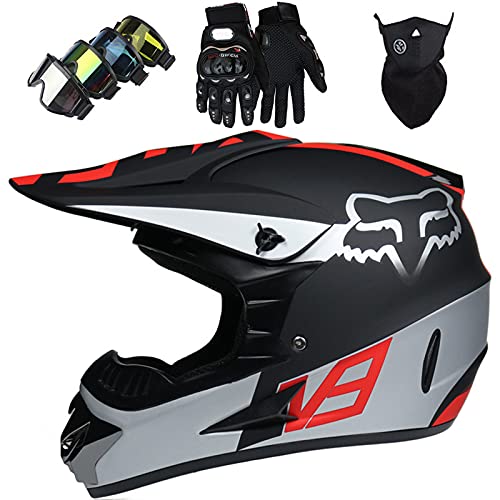 KILCVEM Casco Moto Niño, Cascos de Motocross de Moto,Enduro,Descenso,Full Face para Hombre, Casco de Carreras ECE Homologado,Casco Infantil Set (4 Piezas) - con Diseño Fox - Plata Mate Negro,XL