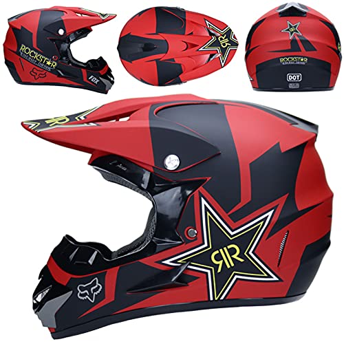 KILCVEM Casco Motocross Niño 5~12 Años ECE Homologado Casco Moto Integral Unisex para Descenso Enduro MTB Quad BMX Bicicleta Casco Infantil Set (4 Piezas) - con Diseño Fox - Negro Mate Rojo,L