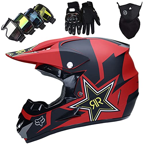 KILCVEM Casco Motocross Niño 5~12 Años ECE Homologado Casco Moto Integral Unisex para Descenso Enduro MTB Quad BMX Bicicleta Casco Infantil Set (4 Piezas) - con Diseño Fox - Negro Mate Rojo,L